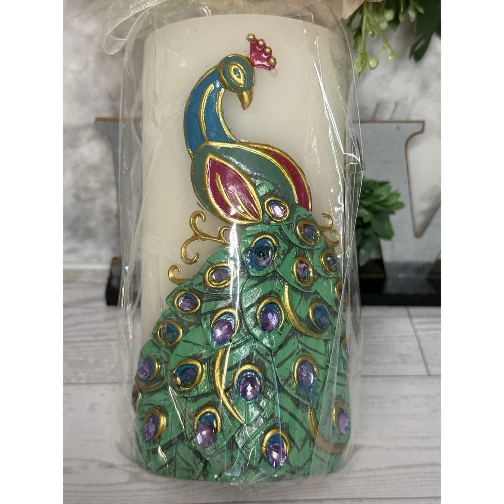 Vintage‎ Pier 1 Imports Peacock Candle Rhinestone Feather Pillar Home Décor Gift